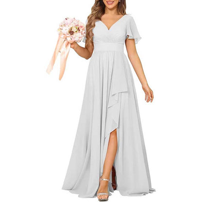 V-Neck Chiffon Bridesmaid Dress With Pocket Short Sleeves & Elegant Side Split