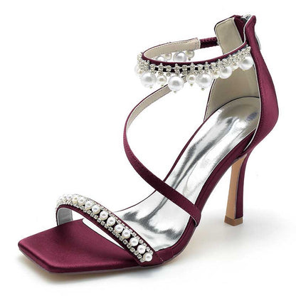 Women Back Zipper Bridal Shoes Square-Toe Wedding Sandals 3.74"