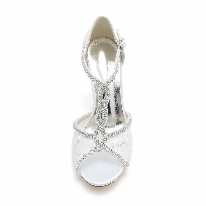 3.35" Peep-Toe Lace Bridal Shoes T-Strap Prom Heels