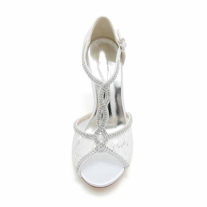 3.35" Peep-Toe Lace Bridal Shoes T-Strap Prom Heels