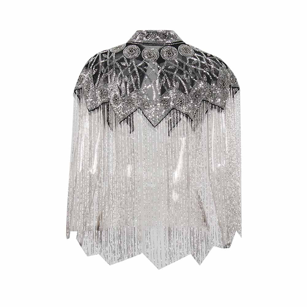 Gatsby Style 20s Metallic Cape – Gold & Silver Beaded Fringe Mesh Cape
