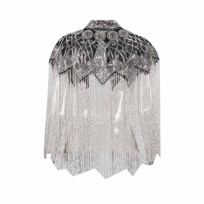 Gatsby Style 20s Metallic Cape – Gold & Silver Beaded Fringe Mesh Cape