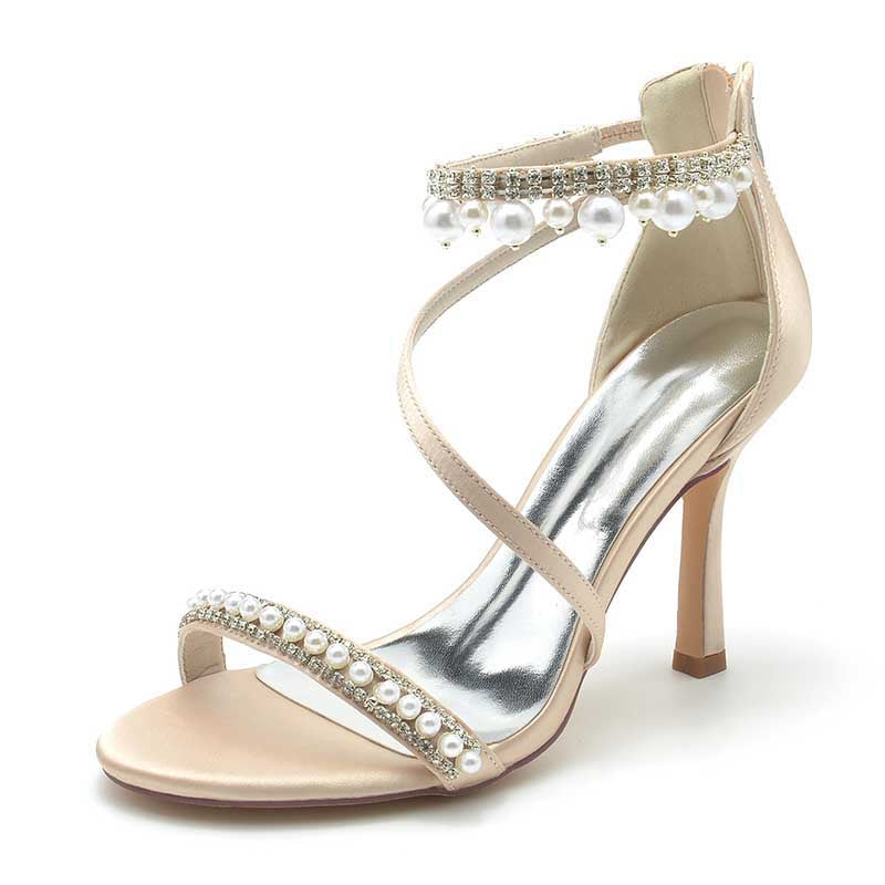 Women Pearls Rhinestones Open Toe Wedding Sandals 3.74" Dress Shoes