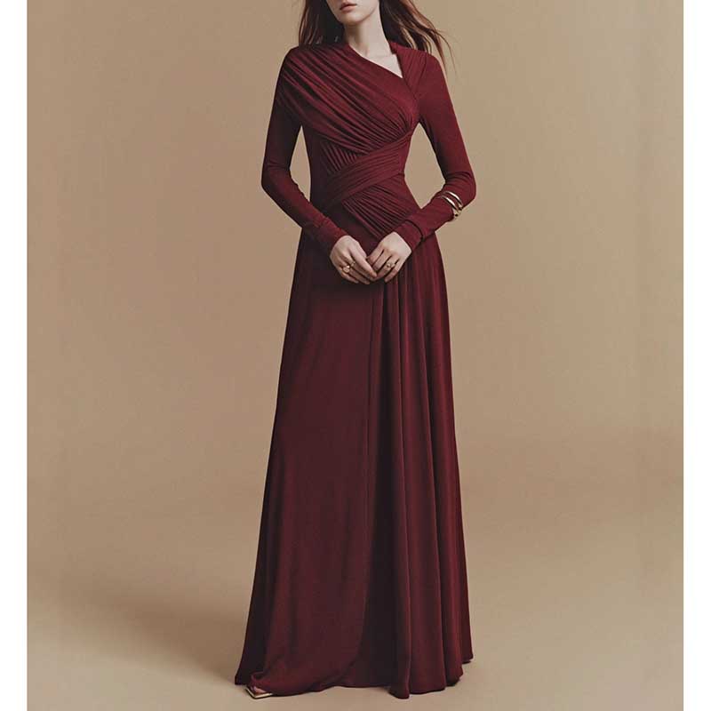 Asymmetric Long Sleeve Maxi Dress with Ruffles for Women in burgundy, featuring long sleeves and a stylish floor-length design.