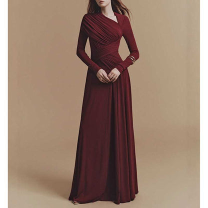 Asymmetric Long Sleeve Maxi Dress with Ruffles for Women in burgundy, featuring long sleeves and a stylish floor-length design.