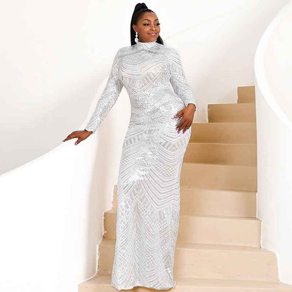 Women Plus Size Long Sleeve Sequin Gown Female Maxi Elegant Dress