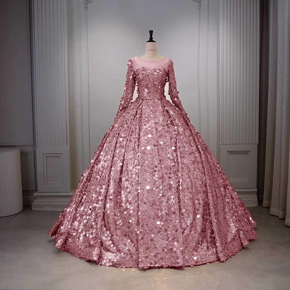 Long Sleeve Sequin Gala Ball Gown Sparkling Dresses