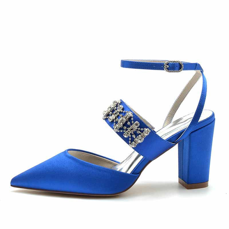 3.35" Satin Wedding Shoes Beaded Ankle Strap Dress Heels