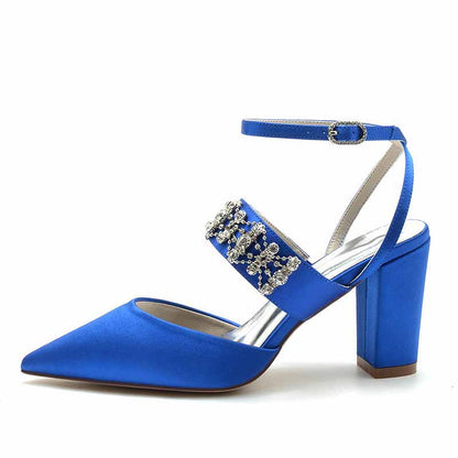 3.35" Satin Wedding Shoes Beaded Ankle Strap Dress Heels