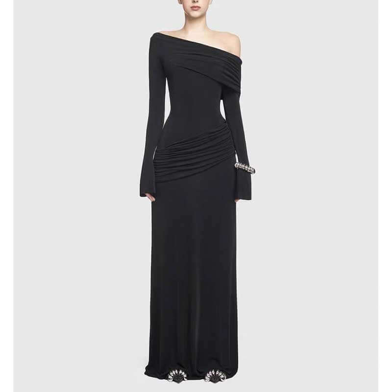 One Shoulder Ruch Maxi Dress With Sleeves for Women in elegant black fabric with long sleeves and ruch detailing.