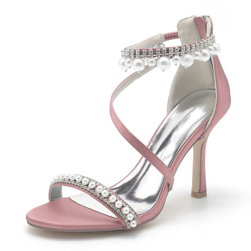 Women Pearls Rhinestones Open Toe Wedding Sandals 3.74" Dress Shoes