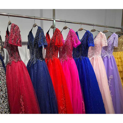 Quinceanera Dress Squin Appliques Short Sleeves Ball Gowns