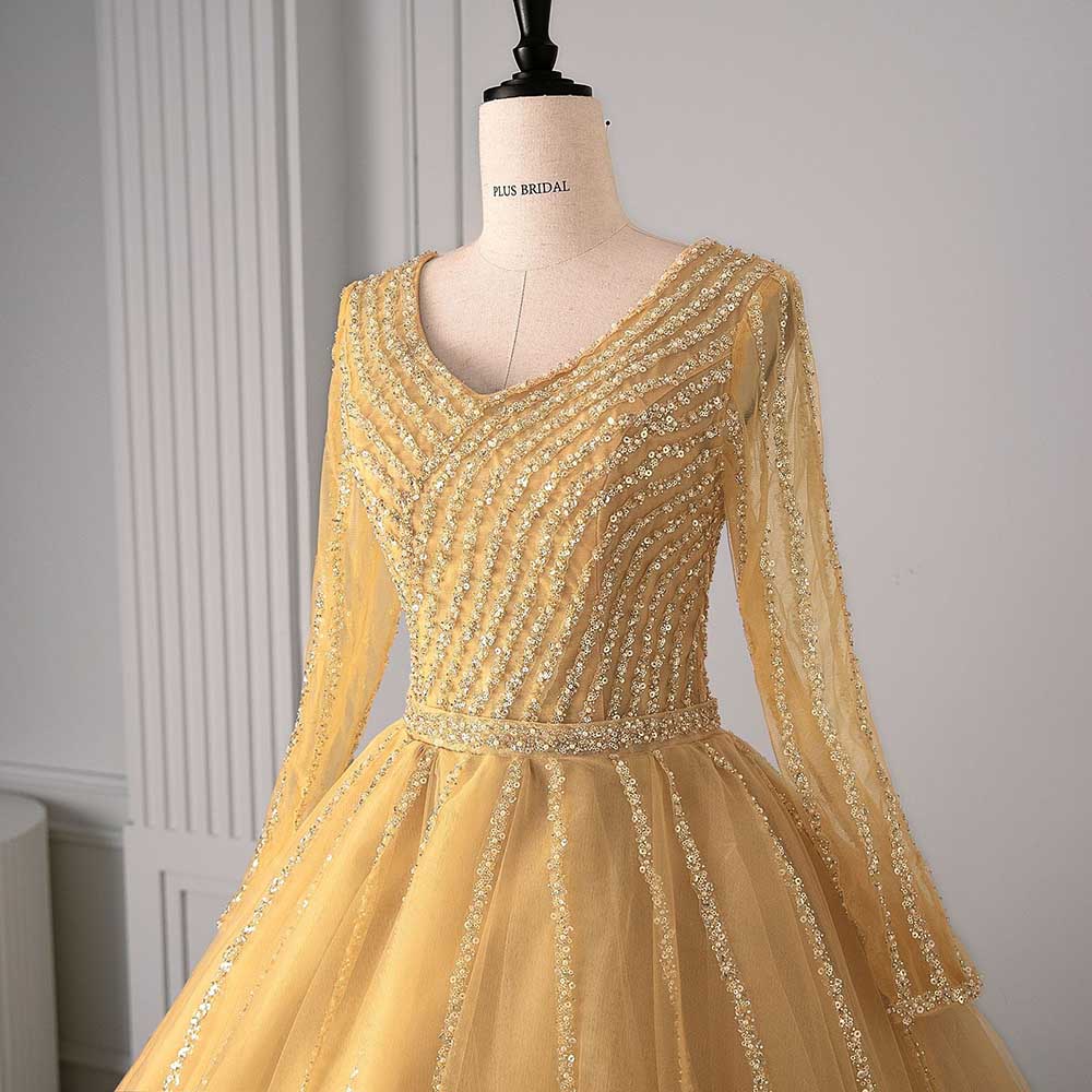 Long Sleeve Beaded Ball Gown V-Neck Formal Gowns