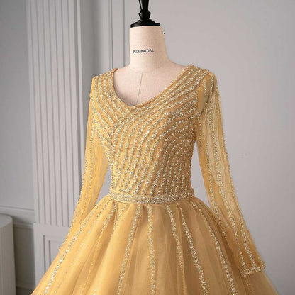 Long Sleeve Beaded Ball Gown V-Neck Formal Gowns