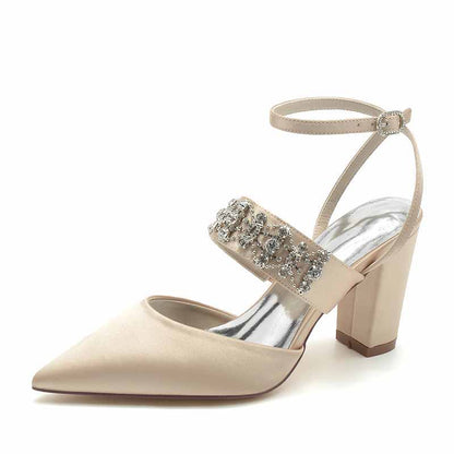 3.35" Satin Wedding Shoes Beaded Ankle Strap Dress Heels
