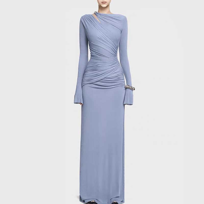 Ruched Draped Detail Maxi Dress Long Sleeve Prom Dresses