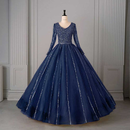 Long Sleeve Beaded Ball Gown V-Neck Formal Gowns