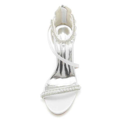 Women Pearls Rhinestones Open Toe Wedding Sandals 3.74" Dress Shoes