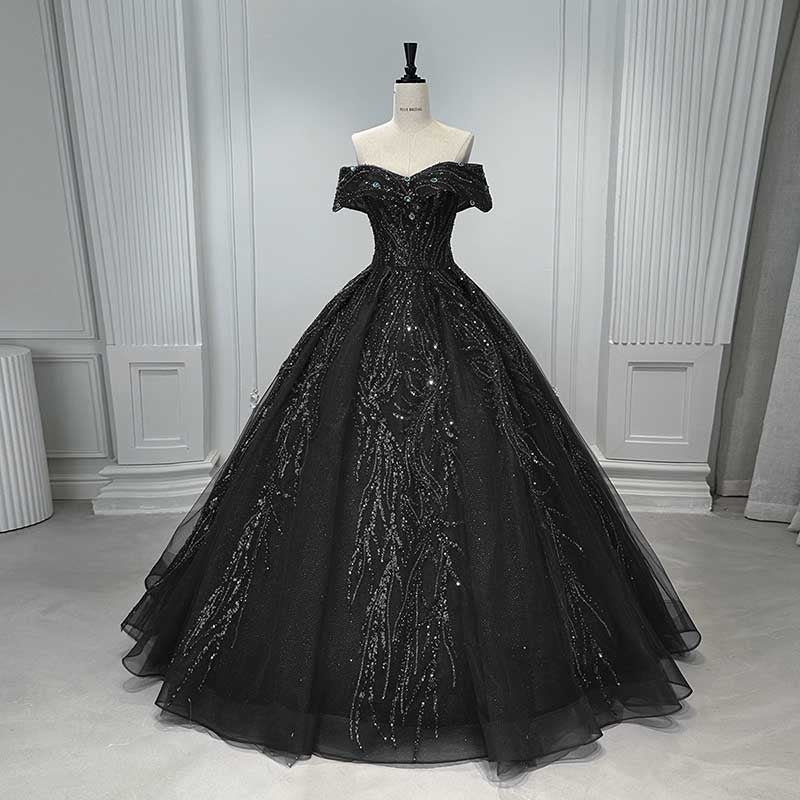 Off Shoulder Ball Gown Sequin Formal Dresses With Detachable Crinoline.