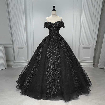Off Shoulder Ball Gown Sequin Formal Dresses With Detachable Crinoline.