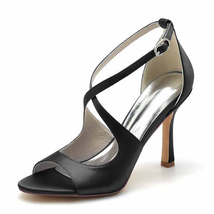 3.74" Peep Toe Satin Bridal Shoes Crossed Strappy Heels