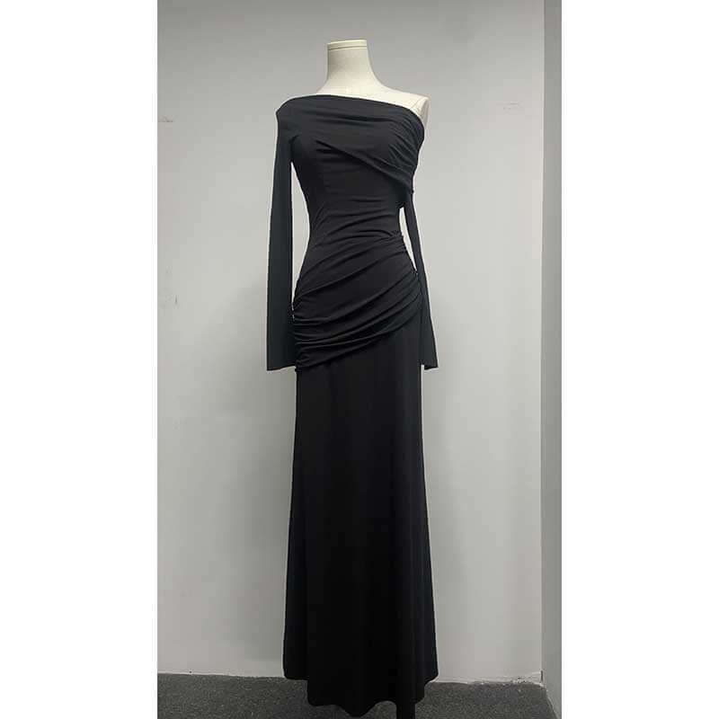 One Shoulder Ruch Maxi Dress With Sleeves for Women in black, featuring long sleeves and ruching detail.