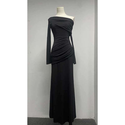 One Shoulder Ruch Maxi Dress With Sleeves for Women in black, featuring long sleeves and ruching detail.