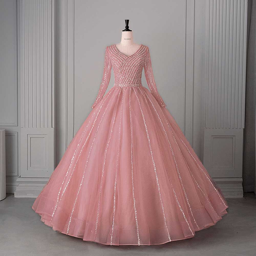 Long Sleeve Beaded Ball Gown V-Neck Formal Gowns