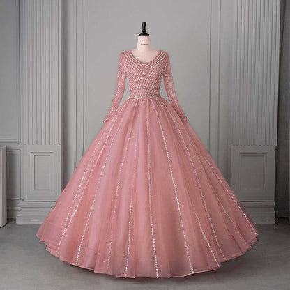 Long Sleeve Beaded Ball Gown V-Neck Formal Gowns