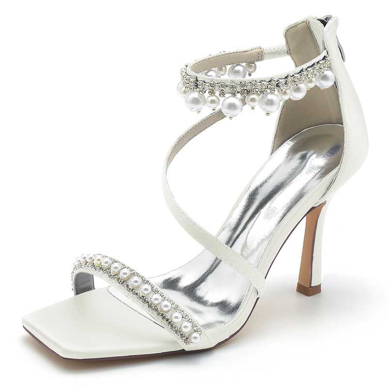 Women Back Zipper Bridal Shoes Square-Toe Wedding Sandals 3.74"