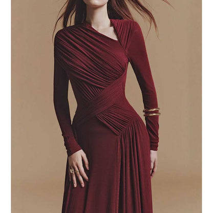 Asymmetric Long Sleeve Maxi Dress with Ruffles for Women in burgundy with elegant draping and long sleeves.