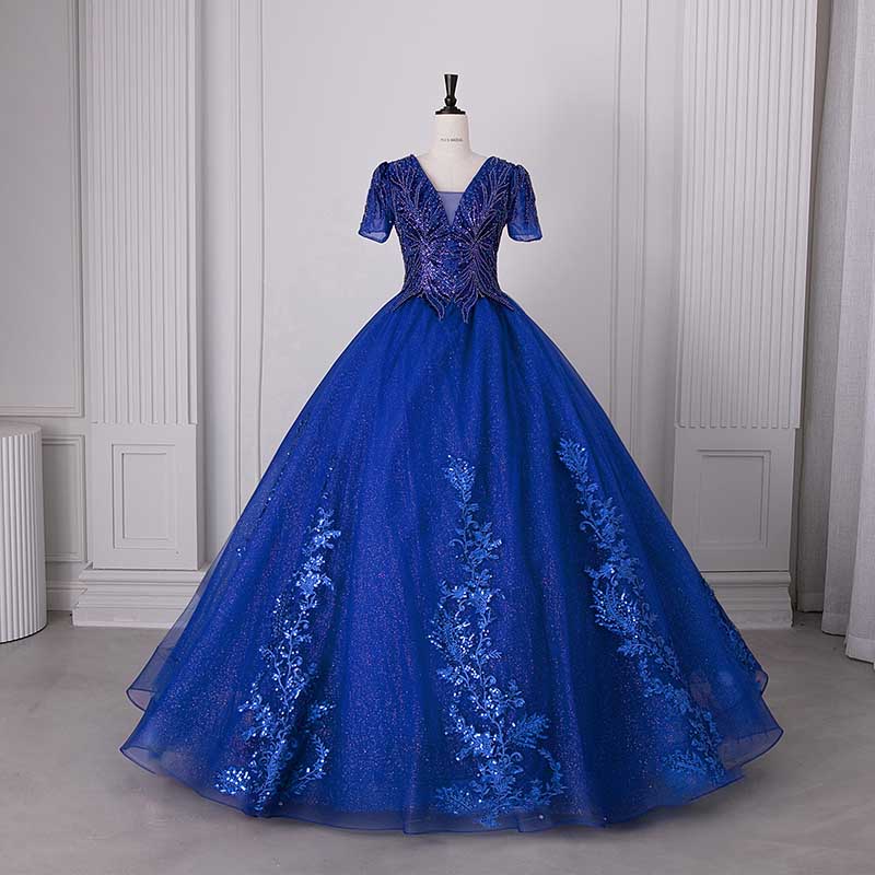 Quinceanera Dress Squin Appliques Short Sleeves Ball Gowns