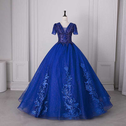 Quinceanera Dress Squin Appliques Short Sleeves Ball Gowns