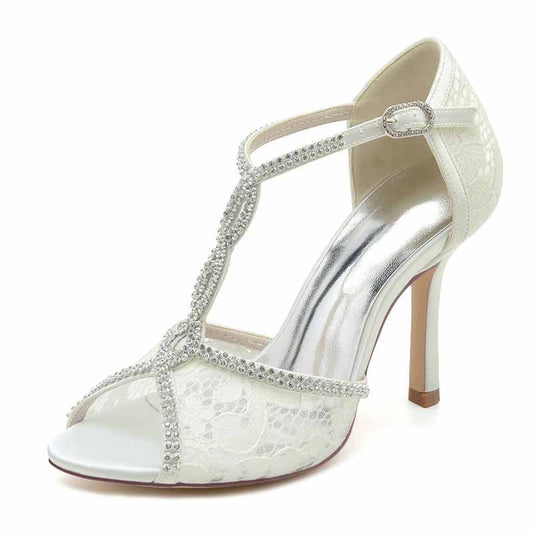3.35" Peep-Toe Lace Bridal Shoes T-Strap Prom Heels