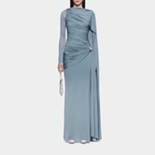 Shawl Ruched Draped Maxi Dress Long Sleeve Prom Dresses