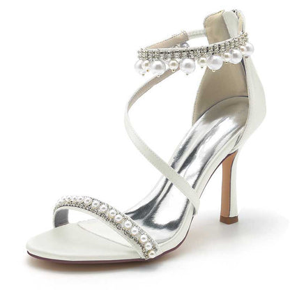 Women Pearls Rhinestones Open Toe Wedding Sandals 3.74" Dress Shoes