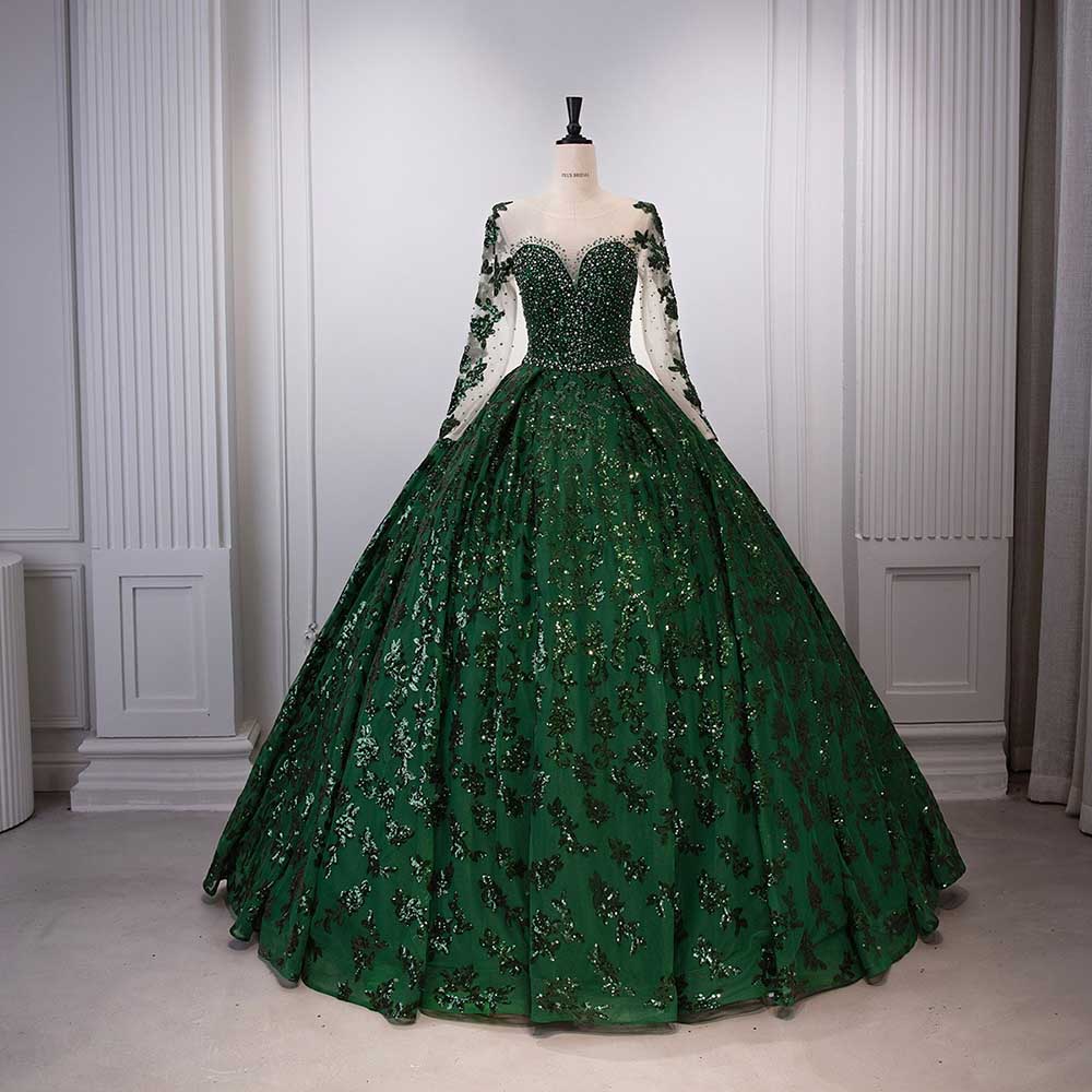 Long Sleeve Emerald Green Sequin Gala Ball Gown Sparkling Dresses