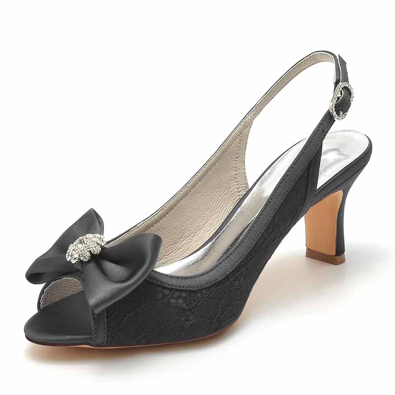 Bow Detail Lace Wedding Shoes 2.56" Slingback Kitten Heels