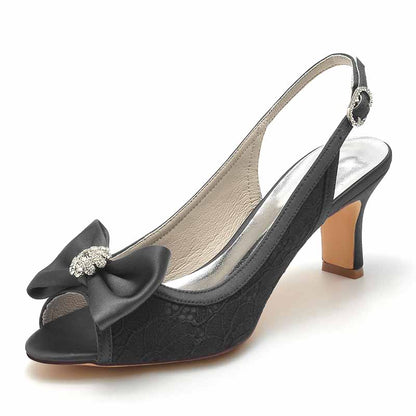 Bow Detail Lace Wedding Shoes 2.56" Slingback Kitten Heels
