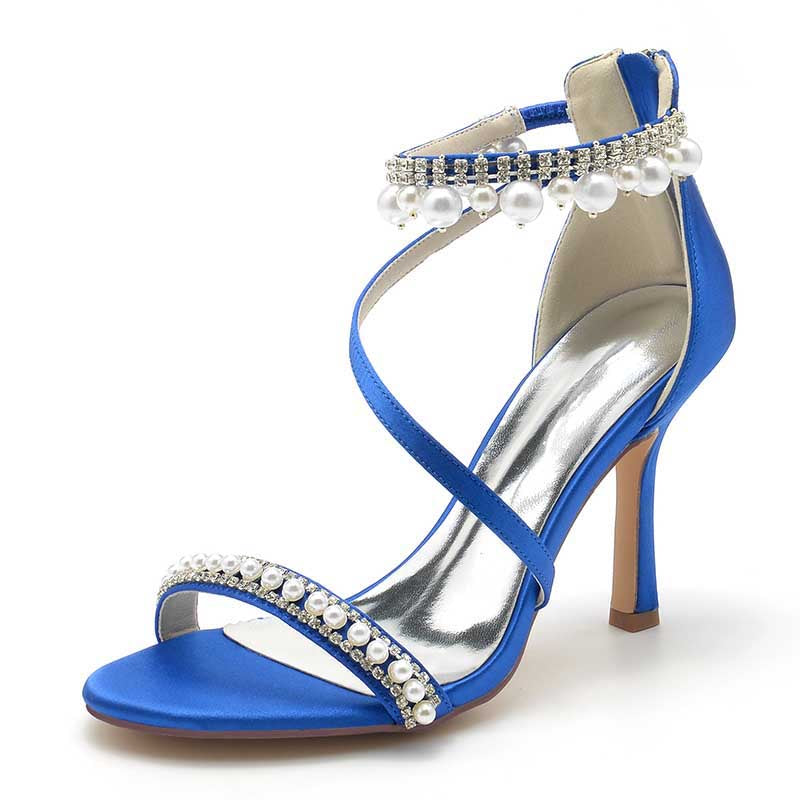 Women Pearls Rhinestones Open Toe Wedding Sandals 3.74" Dress Shoes