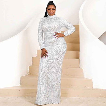 Women Plus Size Long Sleeve Sequin Gown Female Maxi Elegant Dress