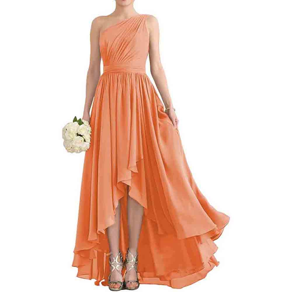 One Shoulder Bridesmaid Dresses High Low Chiffon Evening Formal Gown
