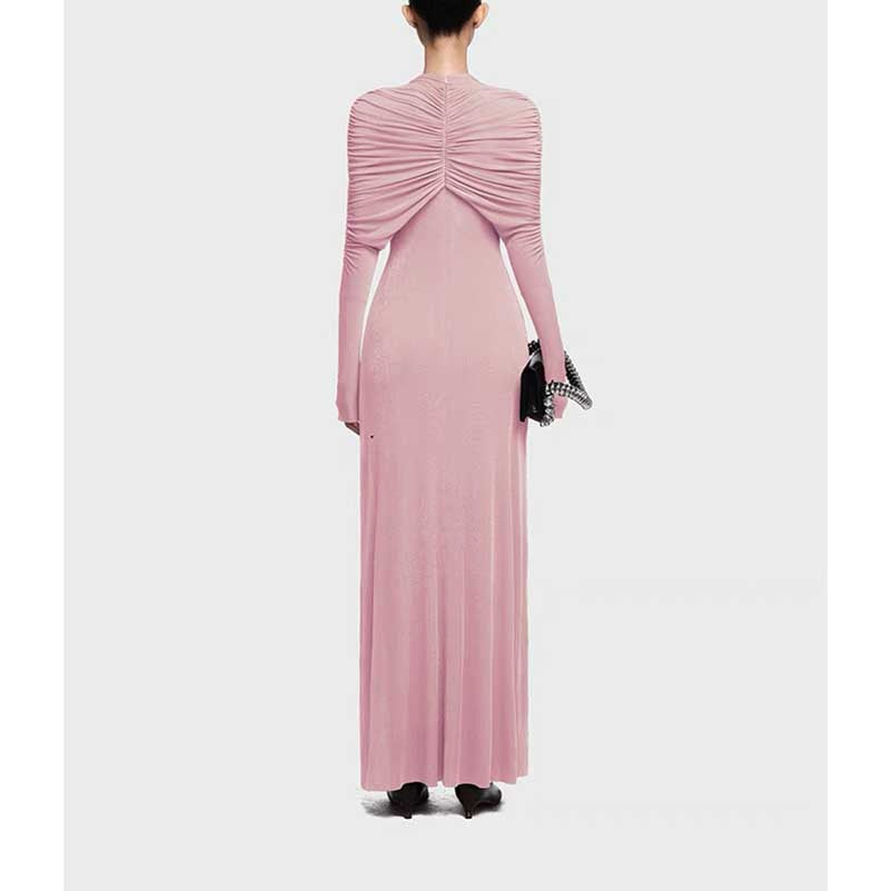 Raw Edge Detail Ruched Maxi Dress Long Sleeves
