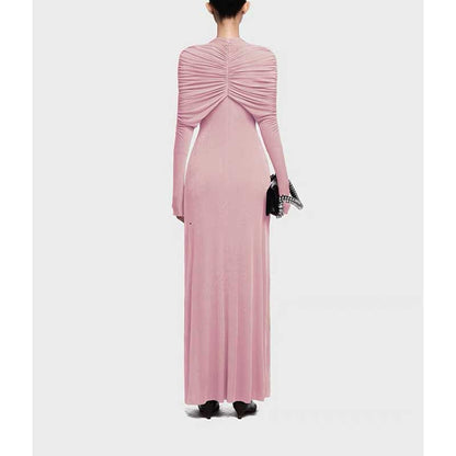 Raw Edge Detail Ruched Maxi Dress Long Sleeves