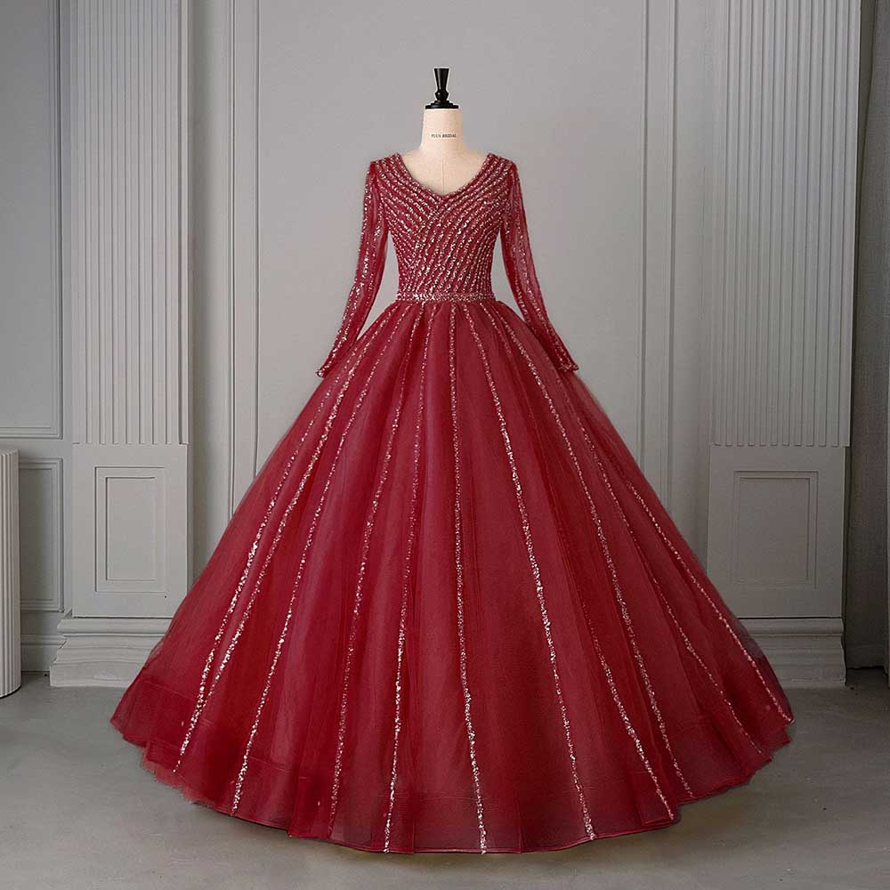 Long Sleeve Beaded Ball Gown V-Neck Formal Gowns