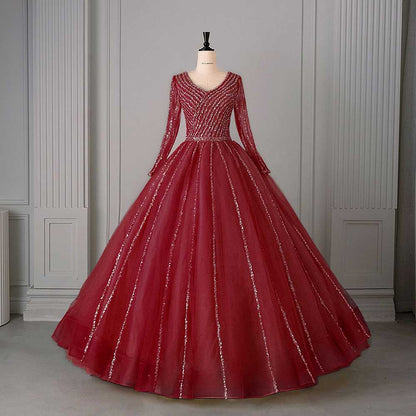 Long Sleeve Beaded Ball Gown V-Neck Formal Gowns