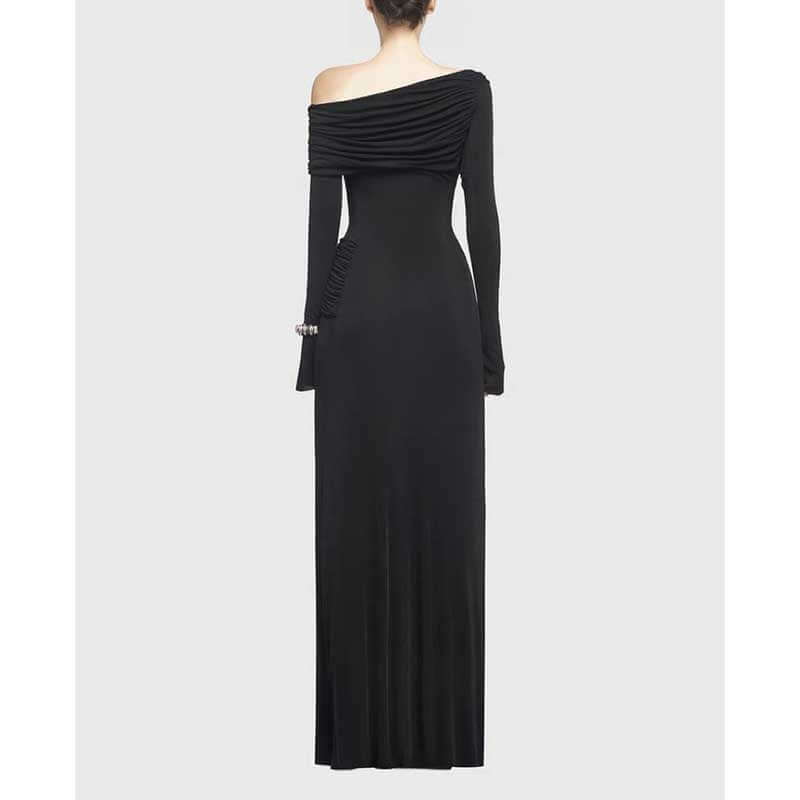 One Shoulder Ruch Maxi Dress With Sleeves for Women in elegant black, showcasing long sleeves and ruching detail.