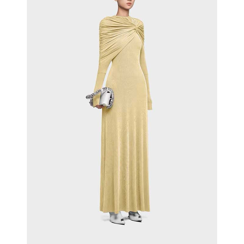 Raw Edge Detail Ruched Maxi Dress Long Sleeves