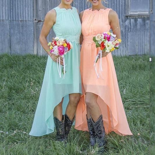 High Low Lace Chiffon Bridesmaid Dress Country Wedding Guest Dress