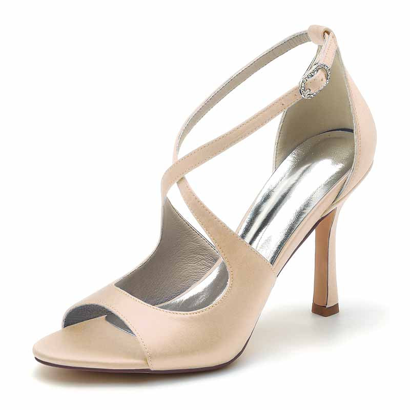3.74" Peep Toe Satin Bridal Shoes Crossed Strappy Heels